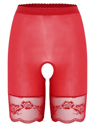 TiaoBug Damen Spitzen Unterhosen Transparent Nylon Unterwäsche Mesh Hipster Panty Ouvert Dessous Hoher Bund Hotpants Booty Shorts Rot Einheitsgröße von TiaoBug