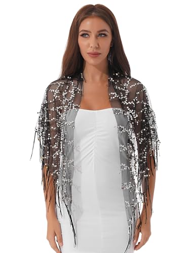 TiaoBug Damen Stola Schal Pailletten Umschlagtuch Hochzeit Festlich Schultertuch Elegant Kopftuch Halstuch mit Fransen Schwarz&Silber B Einheitsgröße von TiaoBug