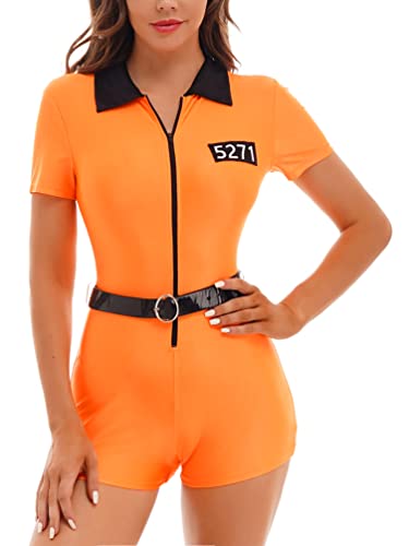 TiaoBug Damen Sträfling Kostüm Erwachsenen Gefangener Anzug Jumpsuit Overalls mit Gürtel Einheitliche Uniform Im Gefängnis Mottoparty Outfits Orange L von TiaoBug