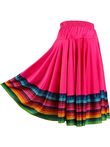 TiaoBug Damen Tanzrock Flamenco Rock Midi Lang Skater Swing Röcke mit Volants Erwachsene Tanzkleidung Modern Tango Walzer Kostüm Hot Pink 55cm 4XL von TiaoBug