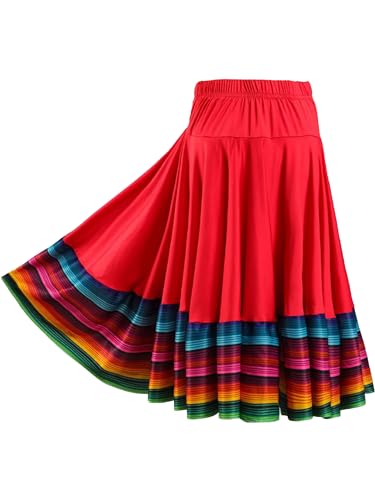 TiaoBug Damen Tanzrock Flamenco Rock Midi Lang Skater Swing Röcke mit Volants Erwachsene Tanzkleidung Modern Tango Walzer Kostüm Rot 55cm 5XL von TiaoBug