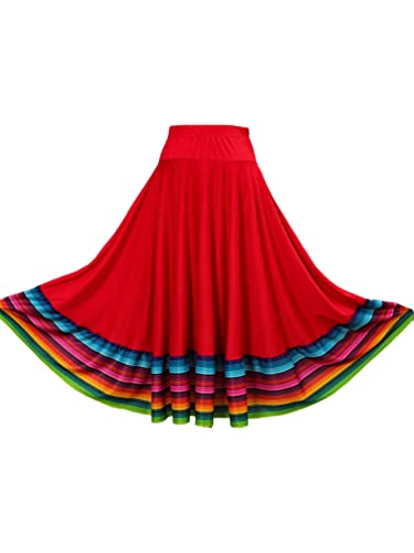 TiaoBug Damen Tanzrock Flamenco Rock Midi Lang Skater Swing Röcke mit Volants Erwachsene Tanzkleidung Modern Tango Walzer Kostüm Rot 75cm L von TiaoBug
