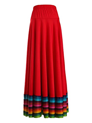 TiaoBug Damen Tanzrock Flamenco Rock Midi Lang Skater Swing Röcke mit Volants Erwachsene Tanzkleidung Modern Tango Walzer Kostüm Rot 87cm 5XL von TiaoBug