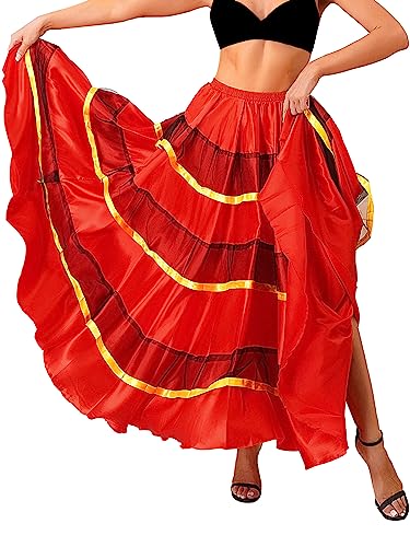 TiaoBug Damen Tanzrock Flamenco Rock Midi Lang Skater Swing Röcke mit Volants Erwachsene Tanzkleidung Modern Tango Walzer Kostüm Rot Gold 360 Grad Einheitsgröße von TiaoBug