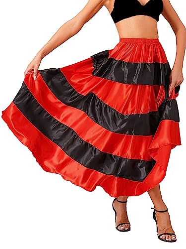 TiaoBug Damen Tanzrock Flamenco Rock Midi Lang Skater Swing Röcke mit Volants Erwachsene Tanzkleidung Modern Tango Walzer Kostüm Rot Schwarz 360 Grad Einheitsgröße von TiaoBug