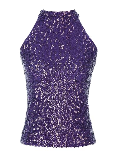 TiaoBug Damen Top Tank Glitzer Träger Shirt Pailletten verziert Ärmellos Weste Tank Tops Vielfältig kombinierbar Einheitgröße (9 Farben abwählbar) Violett Stehkragen Einheitsgröße von TiaoBug