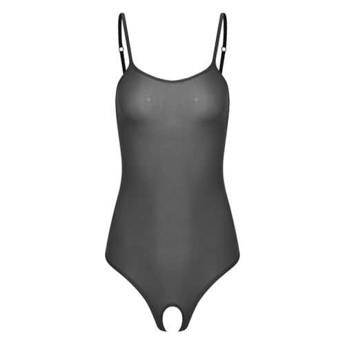 TiaoBug Damen Transparenter Body Ouvert Bodysuit Spaghettiträger Stringbody Mesh Dessous Reizwäsche Tank Top und Offener Schritt Slip dehnbar Monokini Schwarz L von TiaoBug