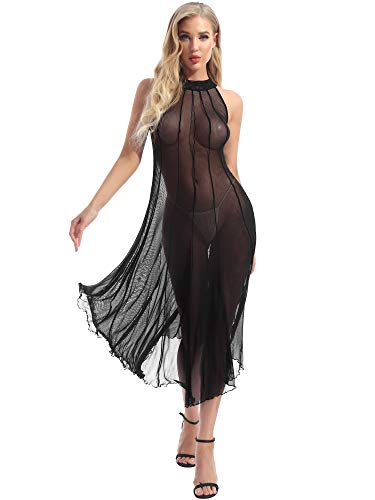 TiaoBug Damen Transparentes Kleid Sexy Sommer Mesh Negligee Slim Fit Figurbetond Babydoll Kleider Erotische Dessous Nachtwäsche Schwarz Tunika 3XL von TiaoBug