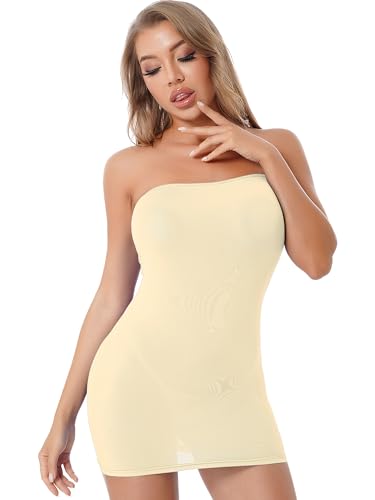 TiaoBug Damen Unterkleid Unterrock Basic Kleider schulterfrei Trägerlos Etuikleid enges Kleid kurz transparentes Minikleid Nachthemd Reizwäsche Nude A Einheitsgröße von TiaoBug