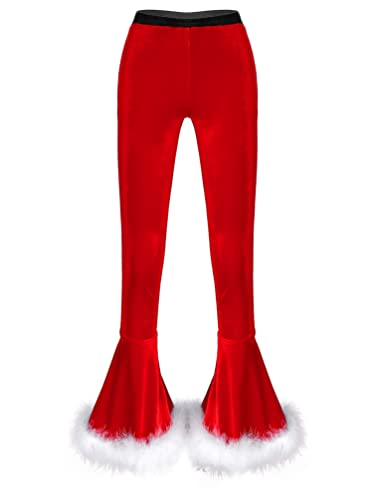 TiaoBug Damen Weihnachten Hose mit Schlag Samt Glockenhose Stretch Miss Santa Claus Weihnachtsfrau Leggings Tights Rot XL von TiaoBug