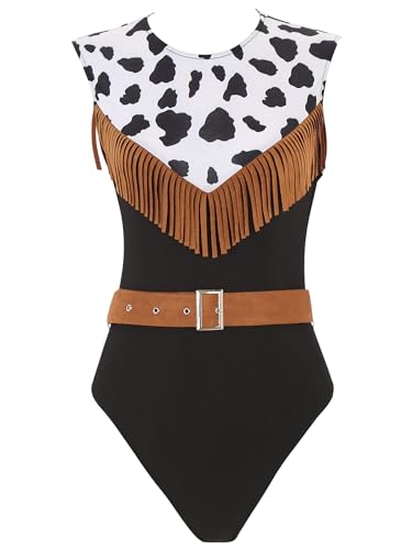 TiaoBug Damen Western Cowboy Kostüm Kuh Flecken Body mit Wildleder Fransen Gürtel Halloween Karneval Einteiler Cowgirl Cosplay Outfits Braun M von TiaoBug