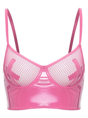 TiaoBug Damen Wetlook BH Ouvert Fishnet Schale Bra mit Einstellbare Spaghettiträgern Lack Leder Bikinioberteil Push Up Unterwäsche Crop Top Clubwear Rosa 3XL von TiaoBug