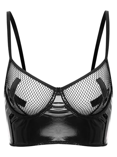TiaoBug Damen Wetlook BH Ouvert Fishnet Schale Bra mit Einstellbare Spaghettiträgern Lack Leder Bikinioberteil Push Up Unterwäsche Crop Top Clubwear Schwarz L von TiaoBug