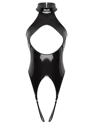 TiaoBug Damen Wetlook Body Lack Leder Tank Bodysuit Ouvert im Schritt Offene Dessous Gogo Tanz Outfits Clubwear Schwarz B S von TiaoBug