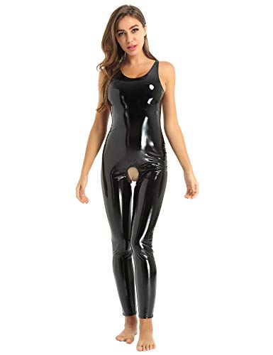 TiaoBug Damen Wetlook Bodysuit Ouvert Hose Latex Catsuit Lack Leder Overall Jumpsuit Ärmellos Tank Top Hot Pants Sexy Dessous Gogo Clubwear Schwarz L von TiaoBug