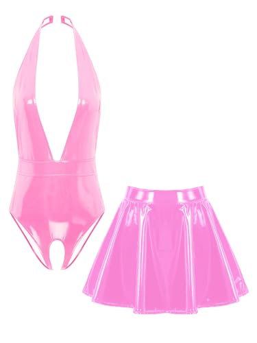TiaoBug Damen Wetlook Body Ouvert Stringbody Neckholder Rückenfrei Top Tiefer V Ausschnitt Oberteil und Lack Leder Rock Mini Faltenrock Gogo Clubwear Rosa 3XL von TiaoBug