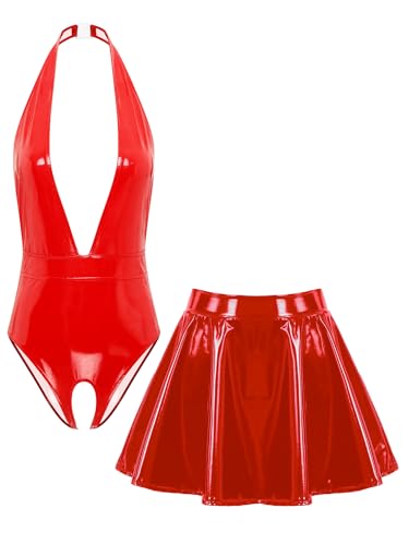 TiaoBug Damen Wetlook Body Ouvert Stringbody Neckholder Rückenfrei Top Tiefer V Ausschnitt Oberteil und Lack Leder Rock Mini Faltenrock Gogo Clubwear Rot M von TiaoBug