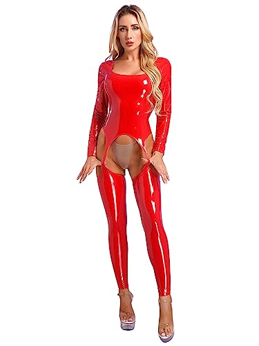 TiaoBug Damen Wetlook Bodysuit Lackleder Ganzkörperanzug mit Durchgehendem Reisverschluss im Schritt Korsett Top Rollkragen Jumpsuit Overalls Clubwear Rot ZA M von TiaoBug