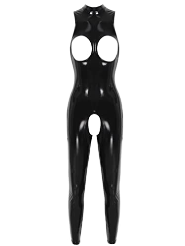 TiaoBug Damen Wetlook Bodysuit Ouvert BH Hose Latex Catsuit Lack Leder Overall Jumpsuit Ärmellos Tank Top Hot Pants Sexy Dessous Gogo Clubwear Schwarz B L von TiaoBug