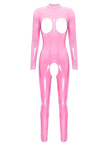 TiaoBug Damen Wetlook Bodysuit Ouvert Hose Latex Catsuit Lack Leder Overall Jumpsuit Ärmellos Tank Top Hot Pants Sexy Dessous Gogo Clubwear Hot Pink F 3XL von TiaoBug