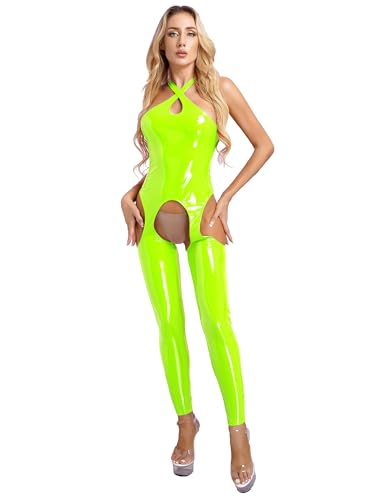 TiaoBug Damen Wetlook Bodysuit Ouvert Hose Latex Catsuit Lack Leder Overall Jumpsuit Ärmellos Tank Top Hot Pants Sexy Dessous Gogo Clubwear Leucht Grün H L von TiaoBug