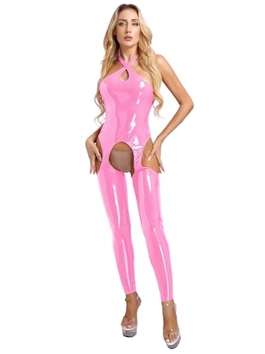 TiaoBug Damen Wetlook Bodysuit Ouvert Hose Latex Catsuit Lack Leder Overall Jumpsuit Ärmellos Tank Top Hot Pants Sexy Dessous Gogo Clubwear Rosa H 3XL von TiaoBug