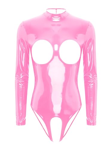 TiaoBug Damen Wetlook Bodysuit Ouvert Hose Latex Catsuit Lack Leder Overall Jumpsuit Ärmellos Tank Top Hot Pants Sexy Dessous Gogo Clubwear Rosa I L von TiaoBug