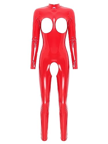 TiaoBug Damen Wetlook Bodysuit Ouvert Hose Latex Catsuit Lack Leder Overall Jumpsuit Ärmellos Tank Top Hot Pants Sexy Dessous Gogo Clubwear Rot F 3XL von TiaoBug