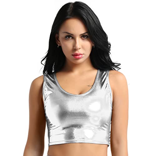 TiaoBug Damen Wetlook Bustier Lack Leder Optik Unterwäsche Ärmellos Tank Top Unterhemd Kurz Bauchfrei T-Shirt Oberteile Silber Einheitsgröße von TiaoBug