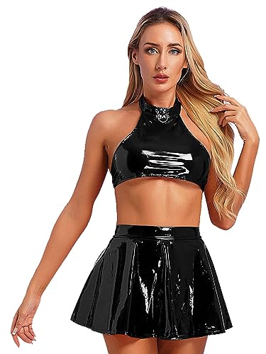 TiaoBug Damen Wetlook Dessous Set Sexy Neckholder Crop Top und Hohe Taille Skater Teller Glocken Rock Lack Leder Optik Gogo Raver Outfit Clubwear Schwarz Crop Top XL von TiaoBug