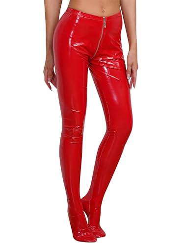 TiaoBug Damen Wetlook Hose Ouvert Strumpfhose Lack Leder Offener Schritt Pantyhose Leggings Erotik Pants Clubwear Rot C 3XL von TiaoBug