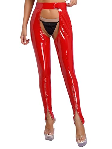 TiaoBug Damen Wetlook Hose Ouvert Strumpfhose Lack Leder Offener Schritt Pantyhose Leggings Erotik Pants Clubwear Rot E 4XL von TiaoBug