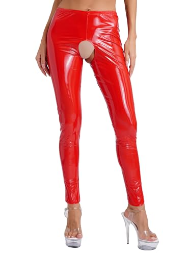 TiaoBug Damen Wetlook Hose Ouvert Strumpfhose Lack Leder Offener Schritt Pantyhose Leggings Erotik Pants Clubwear Rot F M von TiaoBug