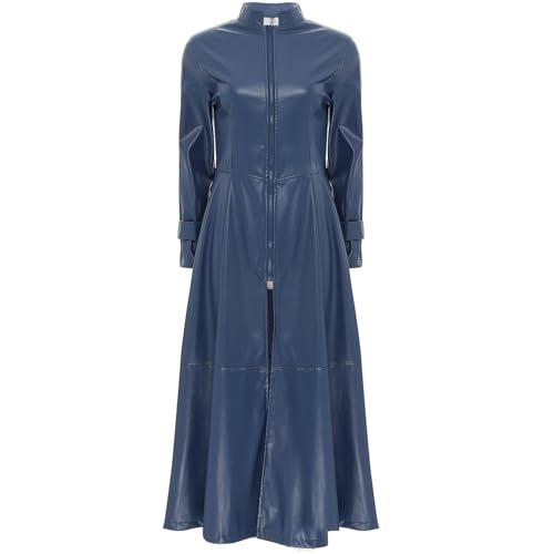 TiaoBug Damen Wetlook Jacke Stehkragen Lack Leder Mantel Lang mit Reisverschluss Metallic Maxikleid Langarm Winterkleid Clubwear Dunkelblau XL von TiaoBug