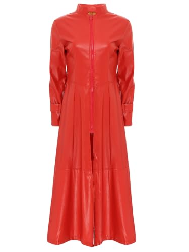 TiaoBug Damen Wetlook Jacke Stehkragen Lack Leder Mantel Lang mit Reisverschluss Metallic Maxikleid Langarm Winterkleid Clubwear Rot XXL von TiaoBug