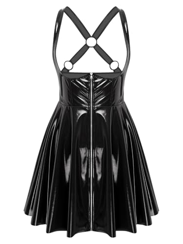 TiaoBug Damen Wetlook Kleid mit Reisverschluss Lack Leder Corsage Top mit Faltenrock Latzrock Partykleid Punk Gothic Kostüm Clubwear gr. S-5XL Schwarz XL von TiaoBug