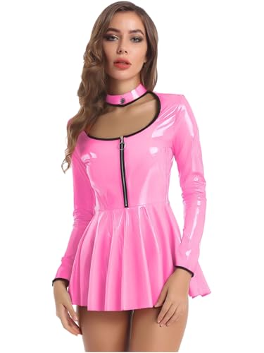 TiaoBug Damen Wetlook Lack Leder Kleid Langarm Stehkragen Minikleider mit Aushöhl Ausschnitt Reißverschluss Slim Fit Bodycon Body mit Faltenrock Rosa L von TiaoBug