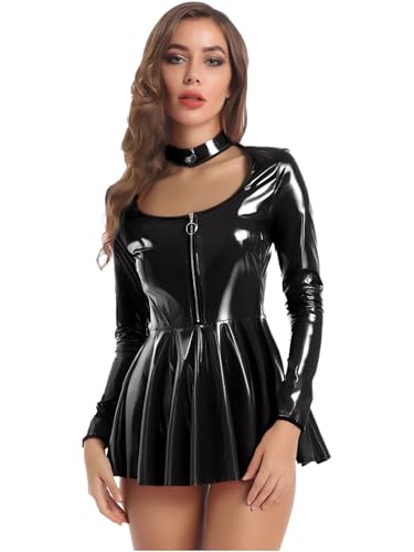 TiaoBug Damen Wetlook Lack Leder Kleid Langarm Stehkragen Minikleider mit Aushöhl Ausschnitt Reißverschluss Slim Fit Bodycon Body mit Faltenrock Schwarz XXL von TiaoBug