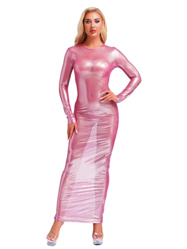 TiaoBug Damen Wetlook Lack Leder Kleid Transparent Maxikleider Stretch Figurbetond Bleistiftkleider Langarm T-Shirt Shirtkleider Freizeitkleid Reizwäsche Rosa L von TiaoBug