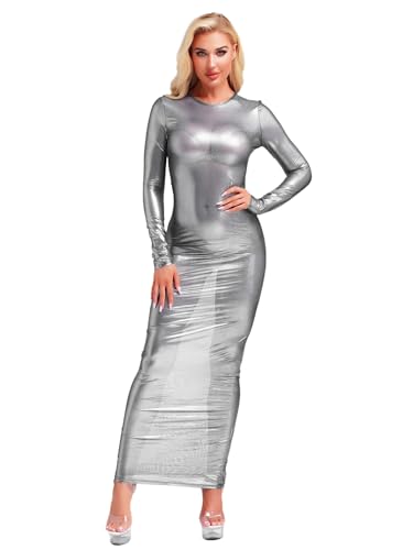 TiaoBug Damen Wetlook Lack Leder Kleid Transparent Maxikleider Stretch Figurbetond Bleistiftkleider Langarm T-Shirt Shirtkleider Freizeitkleid Reizwäsche Schwarz L von TiaoBug
