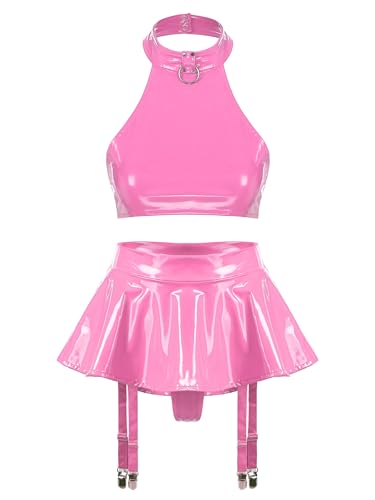 TiaoBug Damen Wetlook Ouvert BH Bra Erotik Dessous Set Lack Leder Strumpfgürtel Strapsgürtel mit Strumpfhalter Rock Gogo Outfits Clubwear G Hot Pink 3XL von TiaoBug