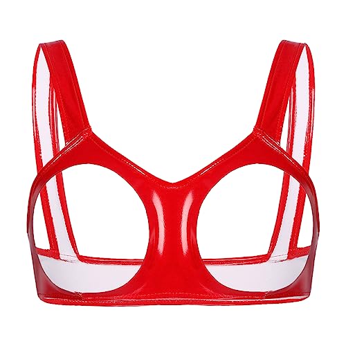 TiaoBug Damen Wetlook Ouvert BH Erotische Unterwäsche Reizvoll Dessous Lack Leder Bra Sexy Nachtwäsche Top Gogo Kostüm Clubwear Rot 4XL von TiaoBug