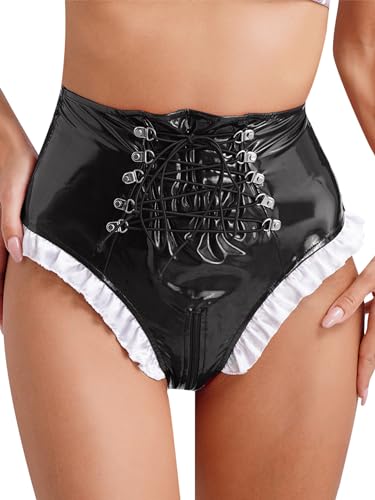 TiaoBug Damen Wetlook Ouvert-Slip String Tanga High Cut Thong High Waist Bikinislip Lack Leder Hipster Glänzend Shorts mit Reisverschluss Gogo Outfits Clubwear Schwarz E 3XL von TiaoBug