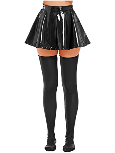 TiaoBug Damen Wetlook Rock Hohe Taille Lack Leder Faltenrock + Halterlose Strümpfe Overknees Socken Halloween Kostüm Zubehör Schwarz L von TiaoBug