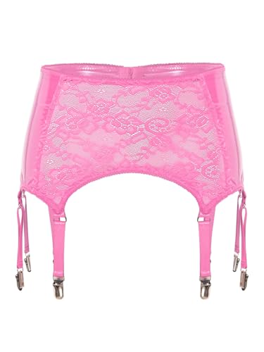 TiaoBug Damen Wetlook Strapsgürtel Lack Leder Spitzen Strumpfgürtel mit Strumpfhalter Strapshalter Befestigung Clips Party Clubwear Rosa M von TiaoBug