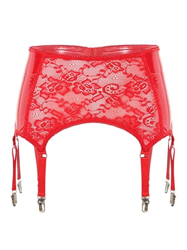 TiaoBug Damen Wetlook Strapsgürtel Lack Leder Spitzen Strumpfgürtel mit Strumpfhalter Strapshalter Befestigung Clips Party Clubwear Rot L von TiaoBug