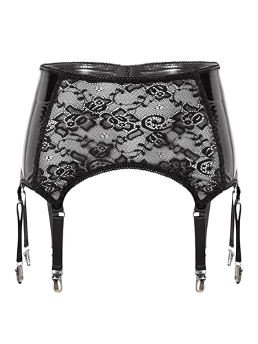 TiaoBug Damen Wetlook Strapsgürtel Lack Leder Spitzen Strumpfgürtel mit Strumpfhalter Strapshalter Befestigung Clips Party Clubwear Schwarz M von TiaoBug
