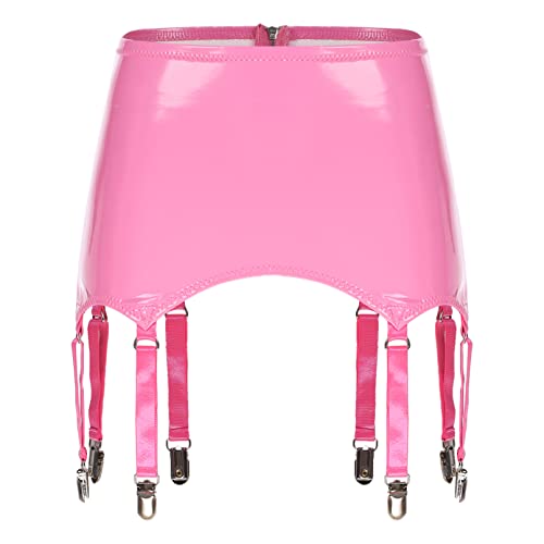TiaoBug Damen Wetlook Strumpfgürtel Lack Leder Strapsgürtel mit Strumpfhalter Befestigung Clips Clubwear Rosa L von TiaoBug