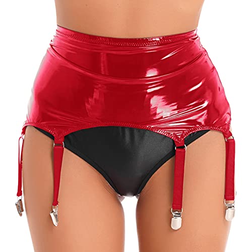 TiaoBug Damen Wetlook Strumpfgürtel Lack Leder Strapsgürtel mit Strumpfhalter Befestigung Clips Clubwear Rot S von TiaoBug