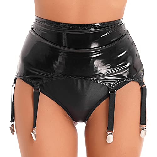 TiaoBug Damen Wetlook Strumpfgürtel Lack Leder Strapsgürtel mit Strumpfhalter Befestigung Clips Clubwear Schwarz 4XL von TiaoBug